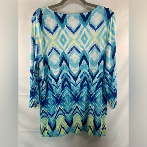 Chicos blue and green patter tunic top. With neckline embellishments,  size 1 - Picture 2 of 4